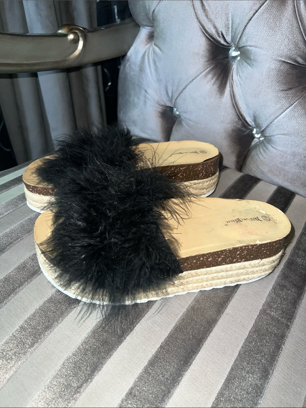 Nature Breeze Black Feather Espadrille Wedge Sandals Size 6.5 🪶🖤⁠